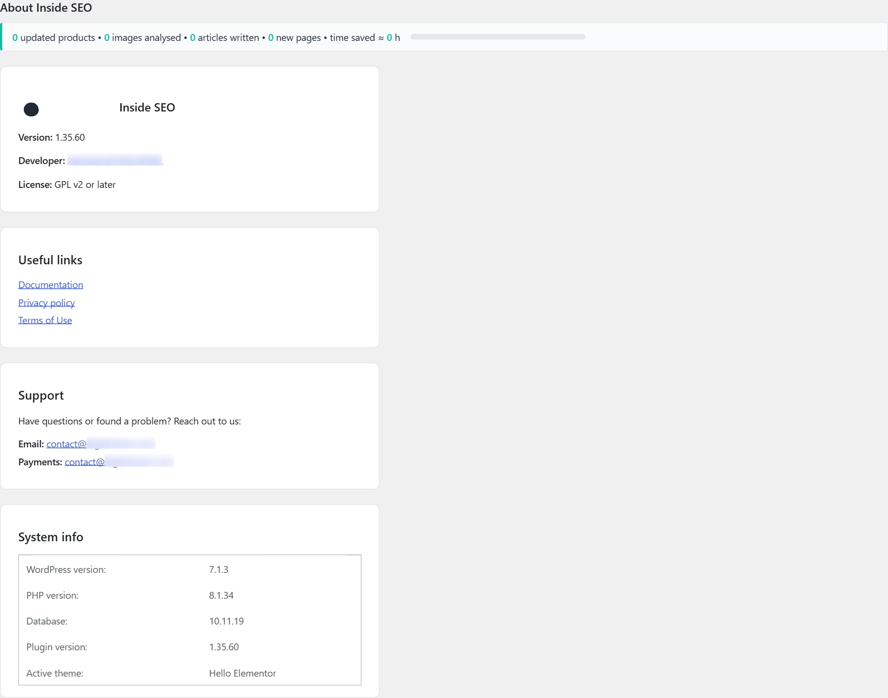"About Inside SEO" screen in Inside SEO: information and links