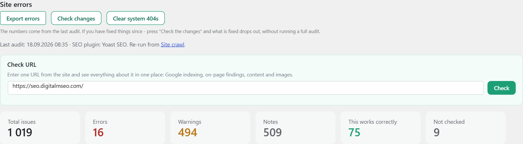 "SEO" screen in Inside SEO: address check