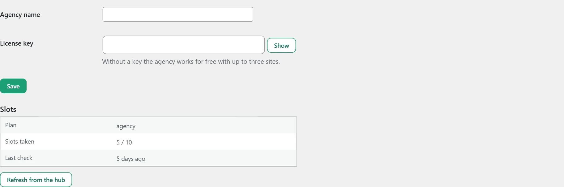 "Agency" screen in Inside SEO: name, key and slots