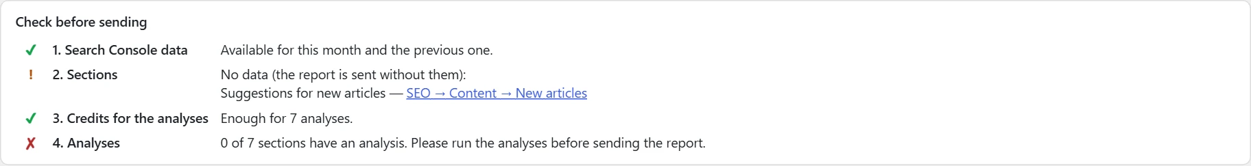 "Audits" screen in Inside SEO: pre-send check
