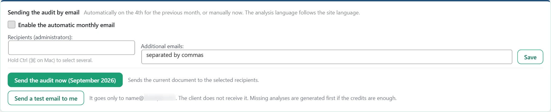 "Audits" screen in Inside SEO: sending the audit by email