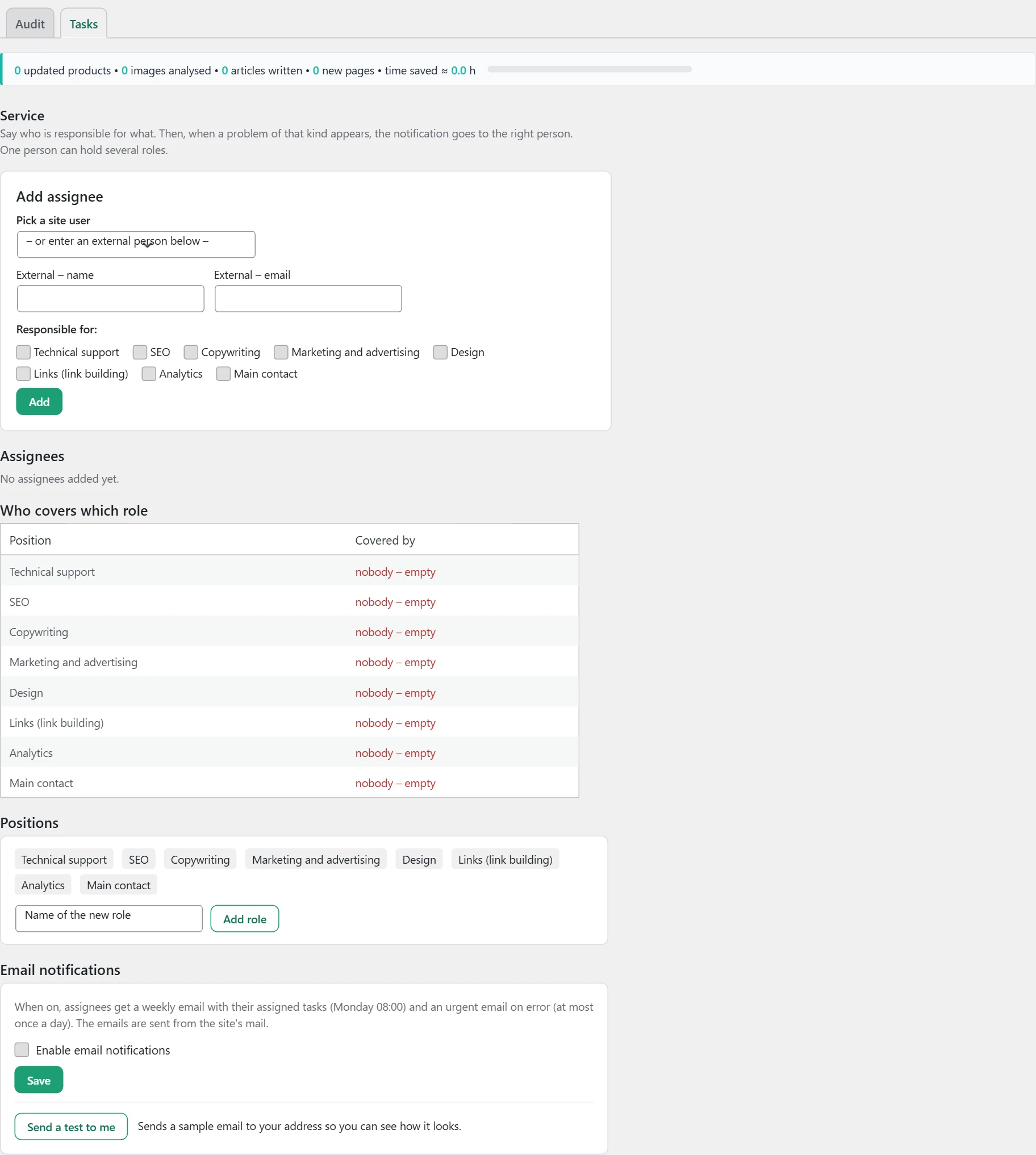 "Audits" screen in Inside SEO: tasks and assignees