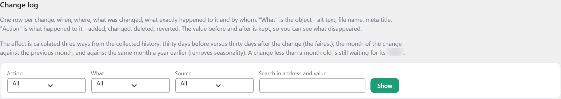 "SEO" screen in Inside SEO: change log filters