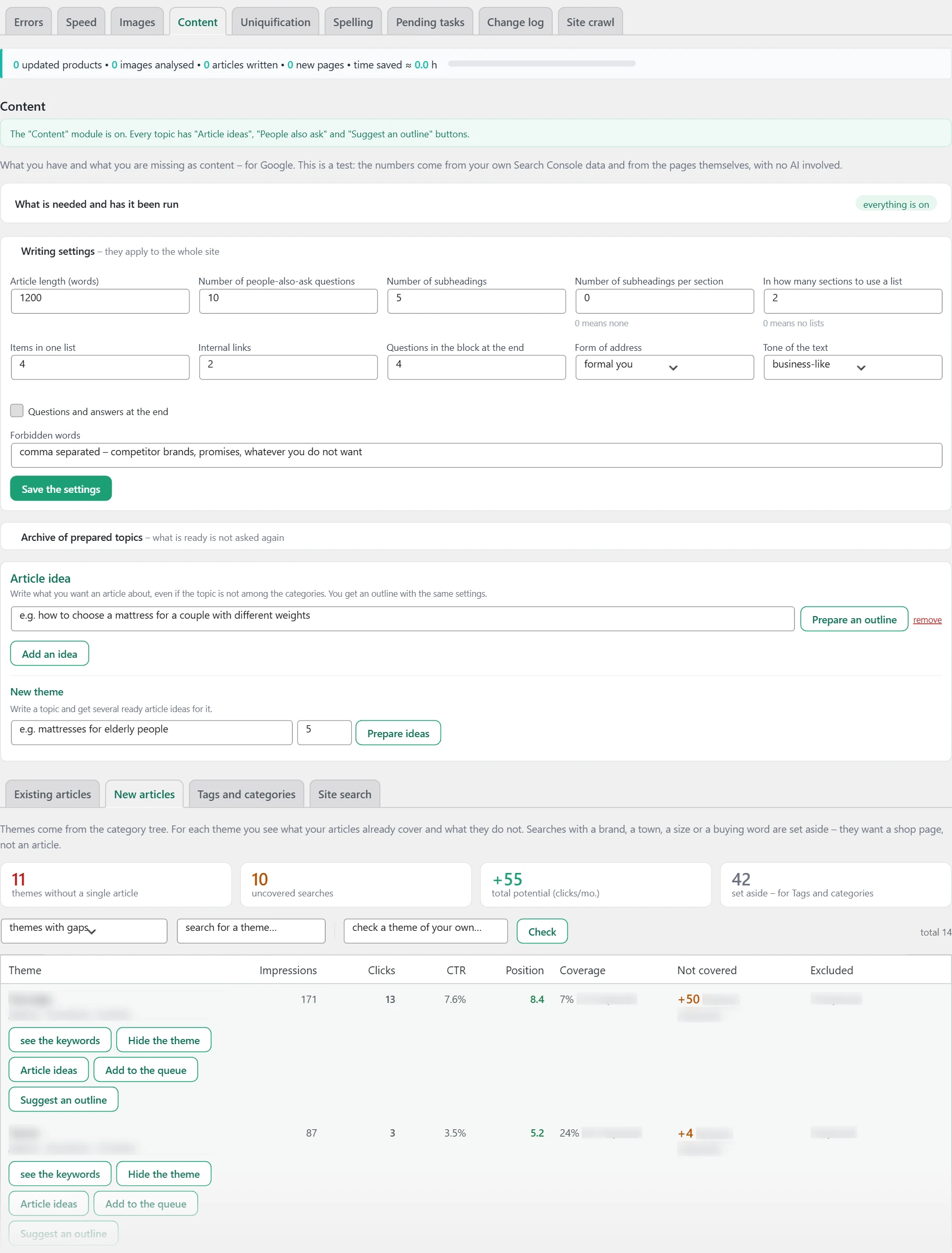 "Content" screen in Inside SEO: new articles
