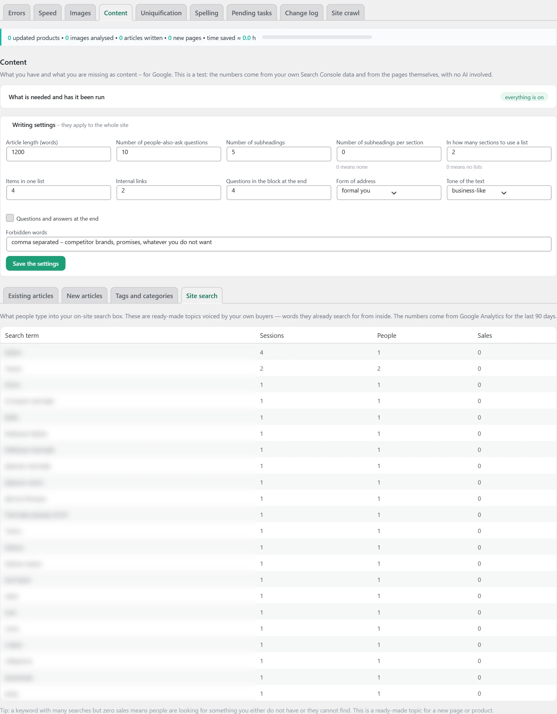 "Content" screen in Inside SEO: site search