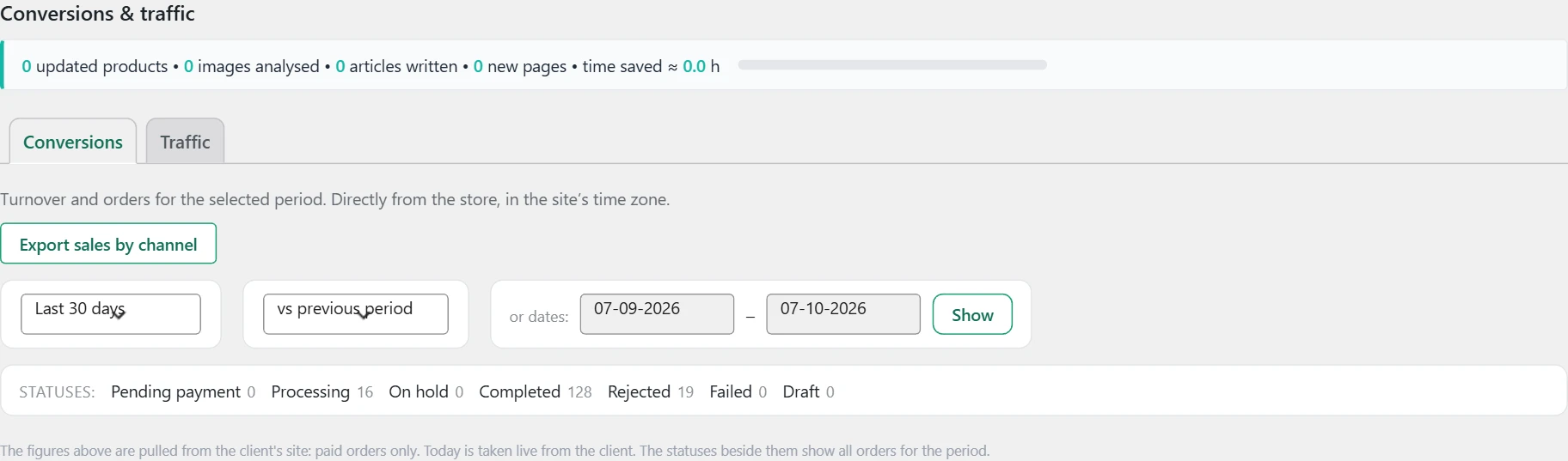 "Conversions" screen in Inside SEO: period and order status filters