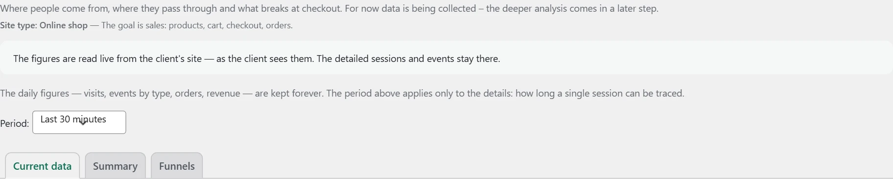 "Customer journey" screen in Inside SEO: period and data collection