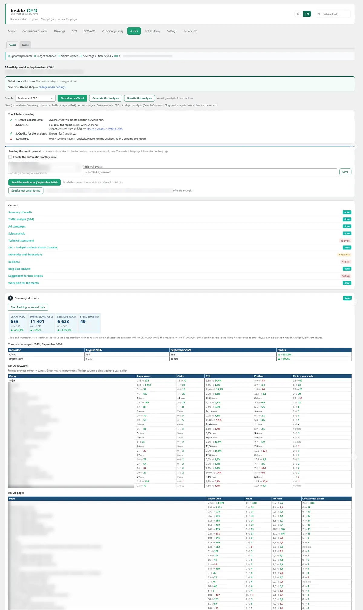 Inside SEO Audits screen: monthly audit with top keywords and pages
