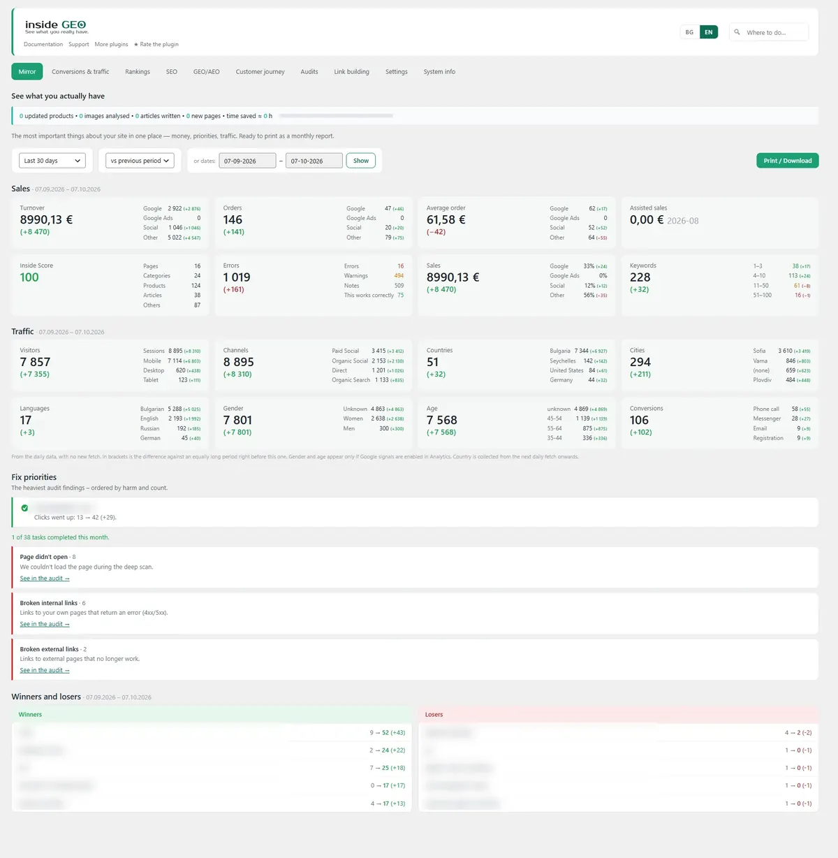 Inside SEO Mirror screen: sales, traffic, fix priorities, winners and losers