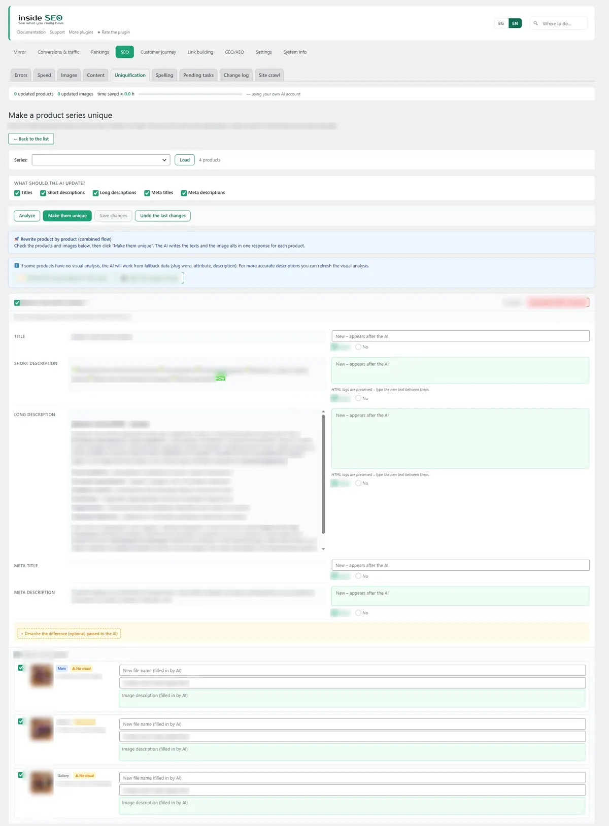 Inside SEO Uniquification screen: unique texts for a series of near-identical products