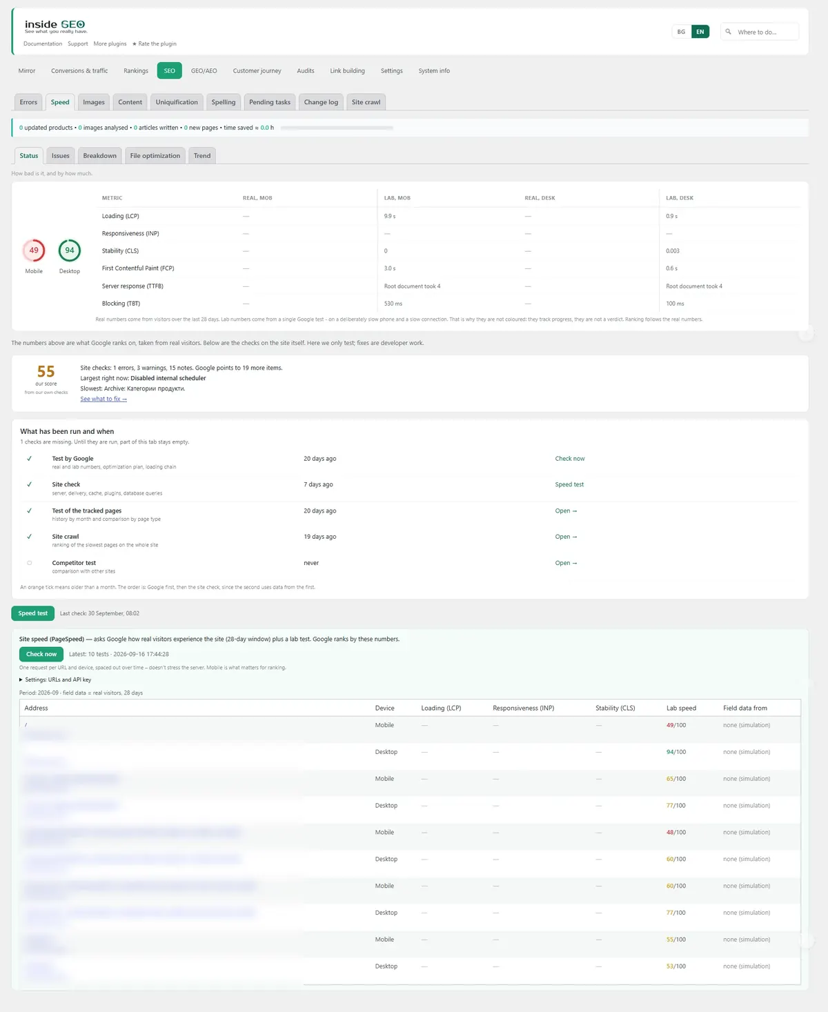Inside SEO Speed screen: Google scores for mobile and desktop