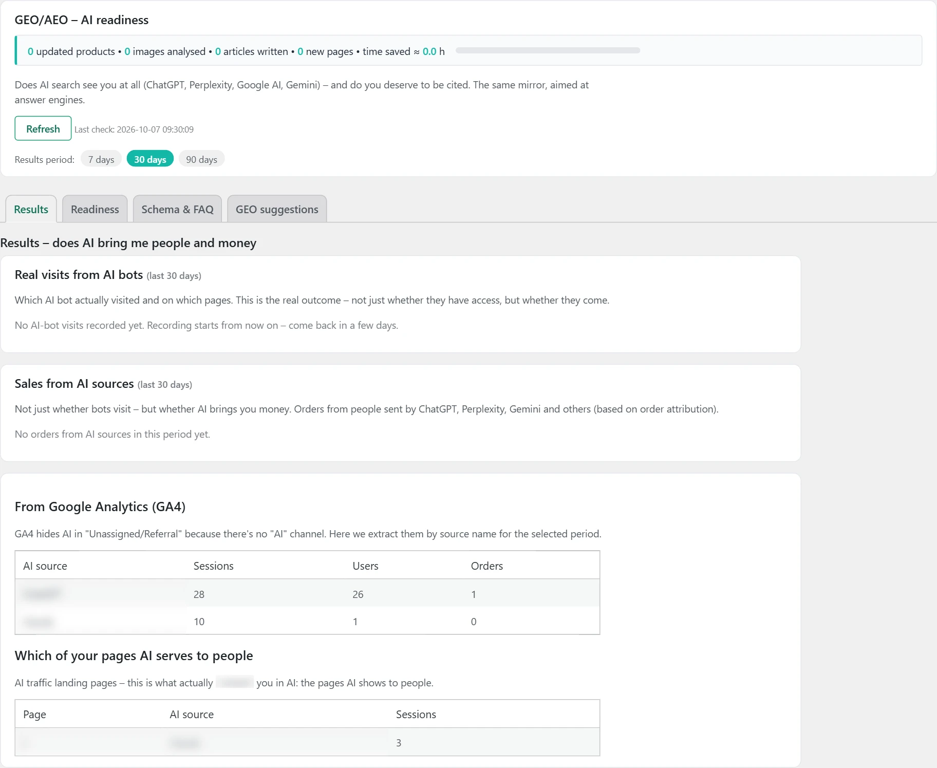 "GEO/AEO" screen in Inside SEO: results from AI search