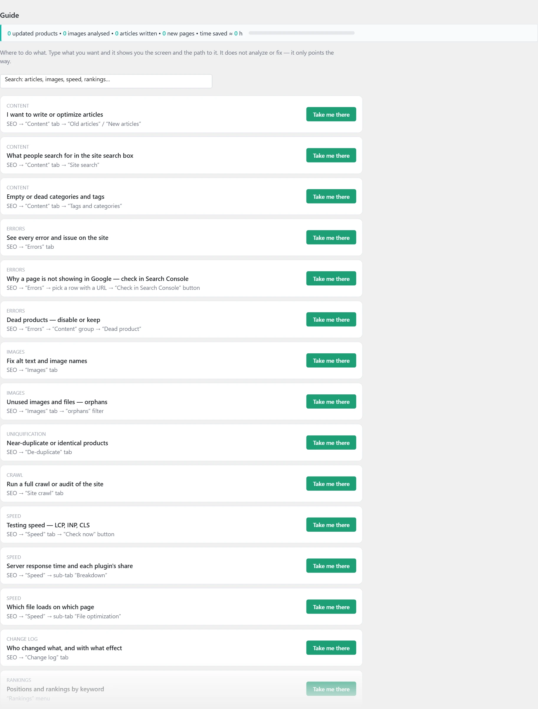 "Guide" screen in Inside SEO: where to do what