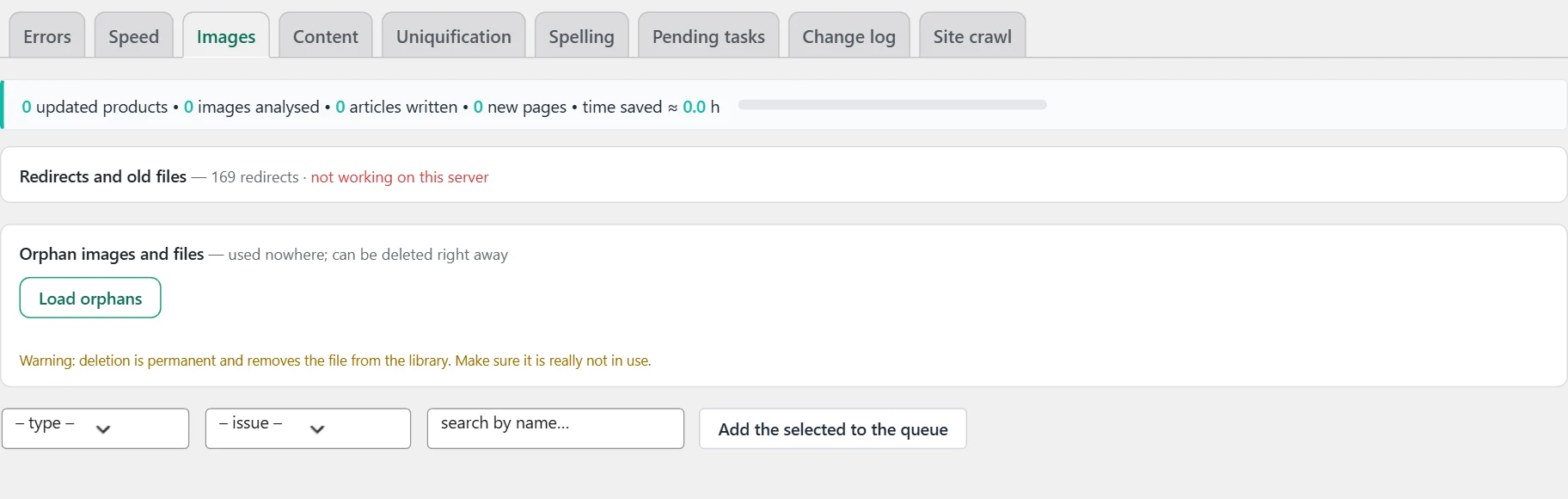 "SEO" screen in Inside SEO: images and redirects of old files