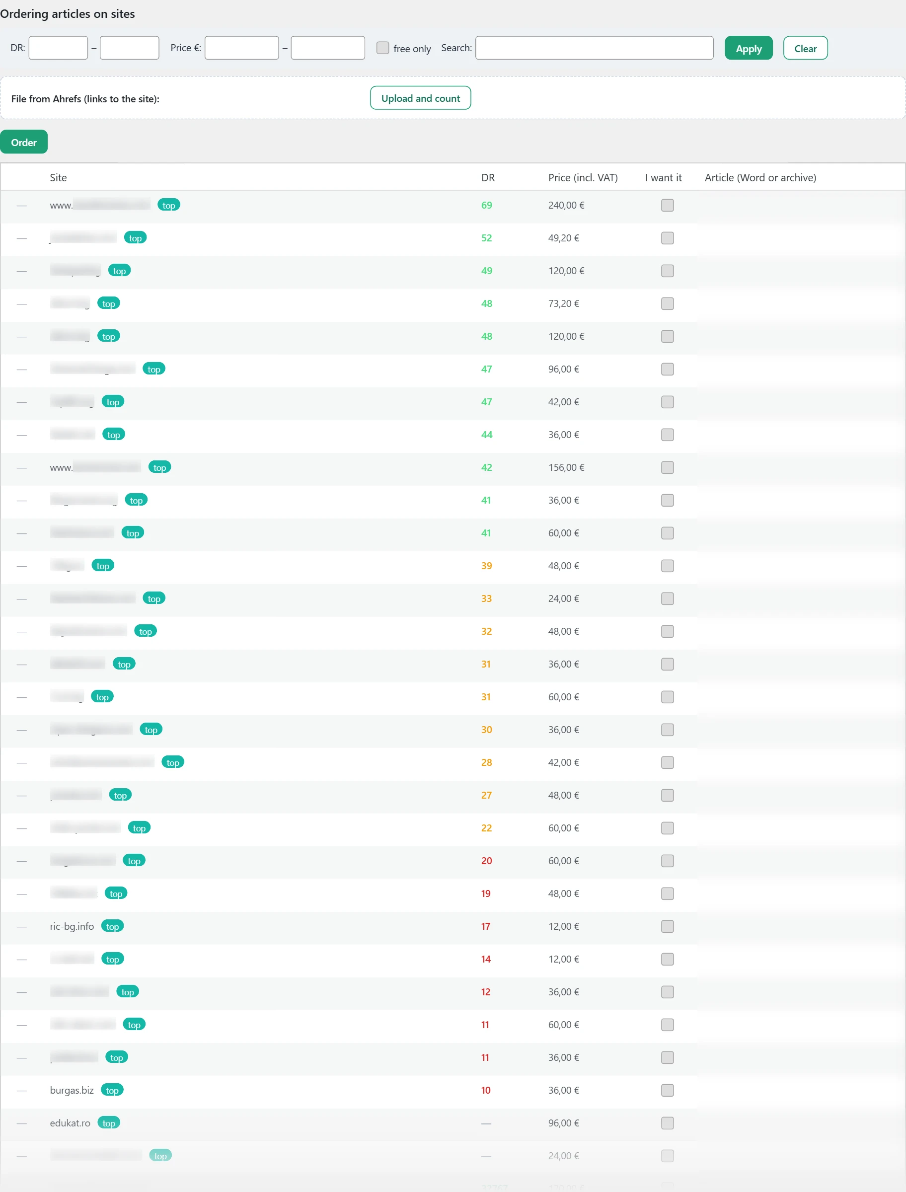"Link building" screen in Inside SEO: ordering media articles