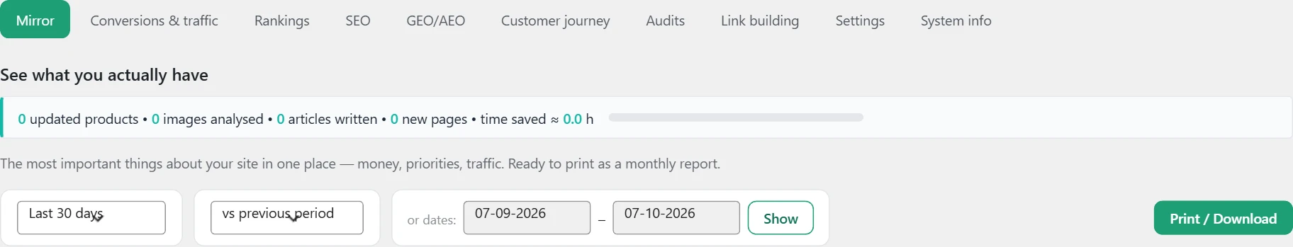 "Mirror" screen in Inside SEO: period picker and comparison
