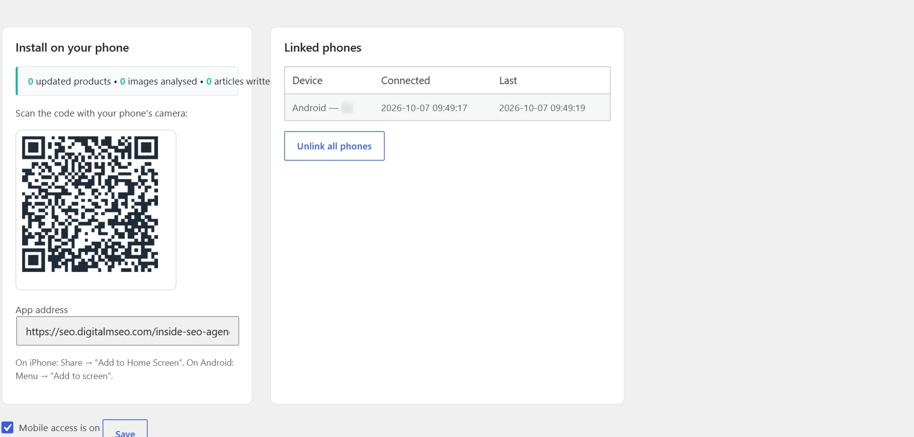 "Mobile access" screen in Inside SEO: settings and login code