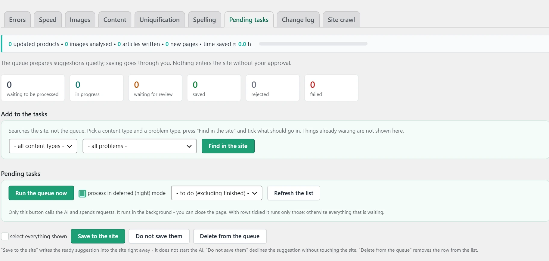"SEO" screen in Inside SEO: pending tasks