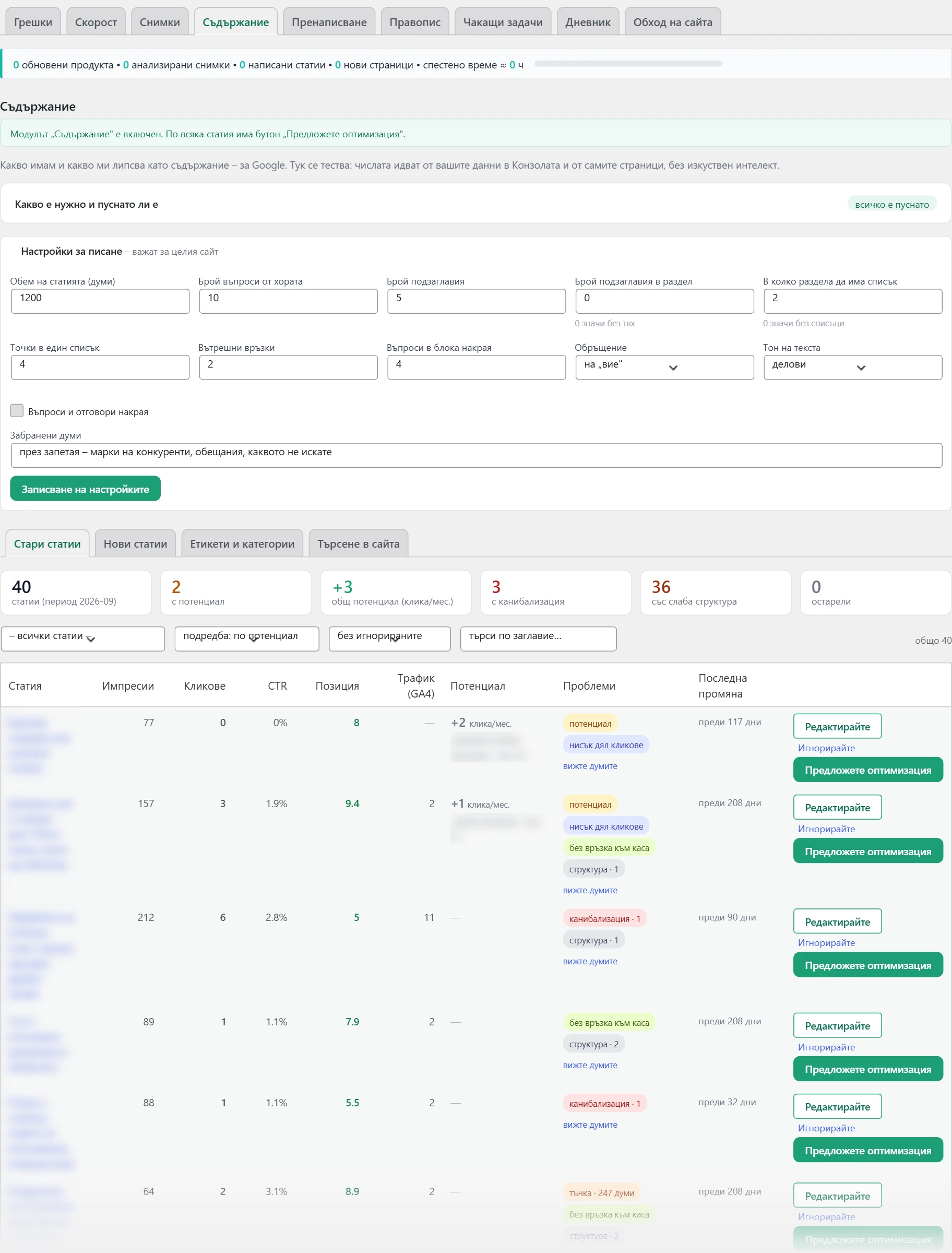 Екран „SEO“ в Inside SEO: съдържание, общ изглед