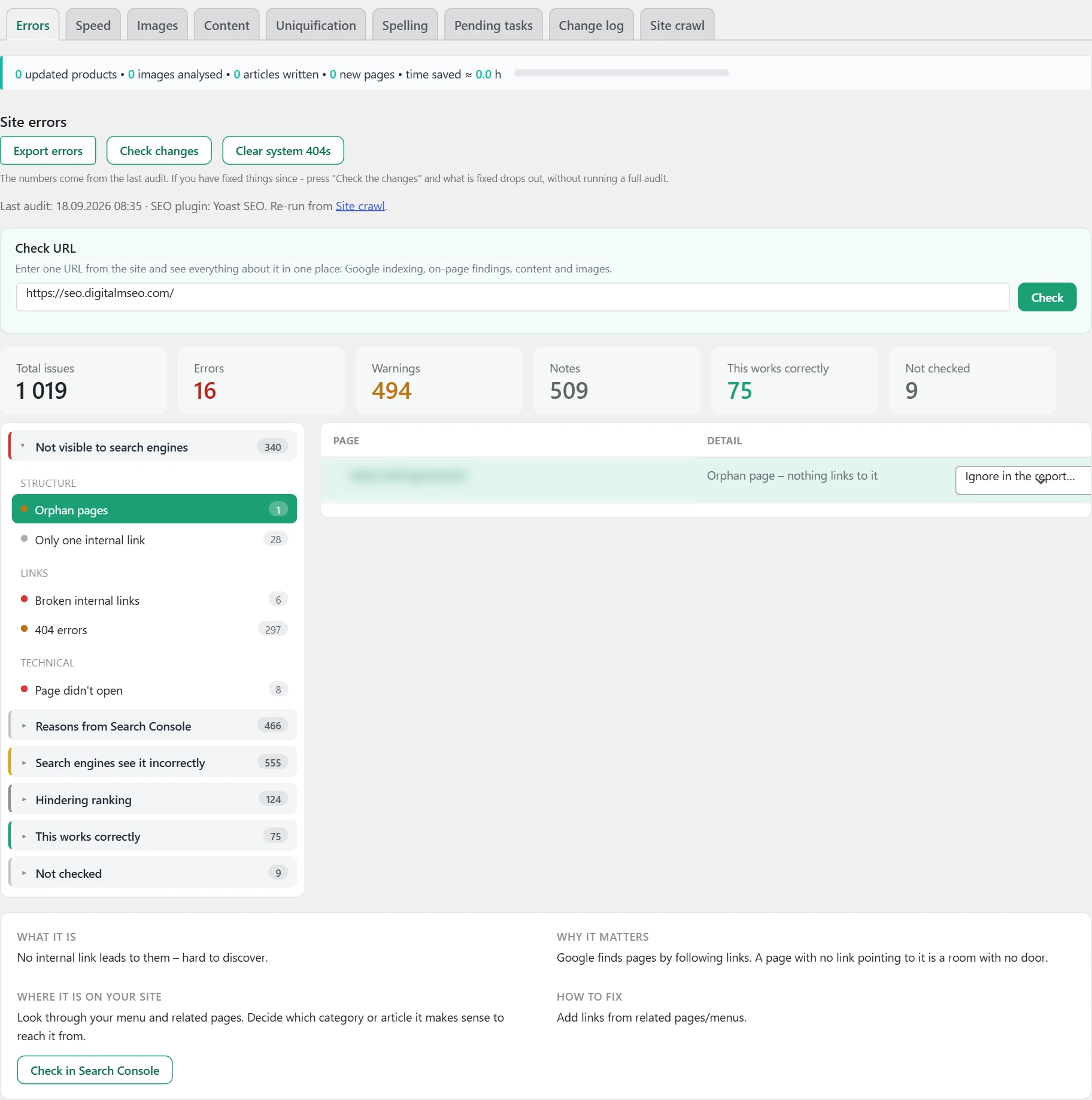 "SEO" screen in Inside SEO: site errors overview