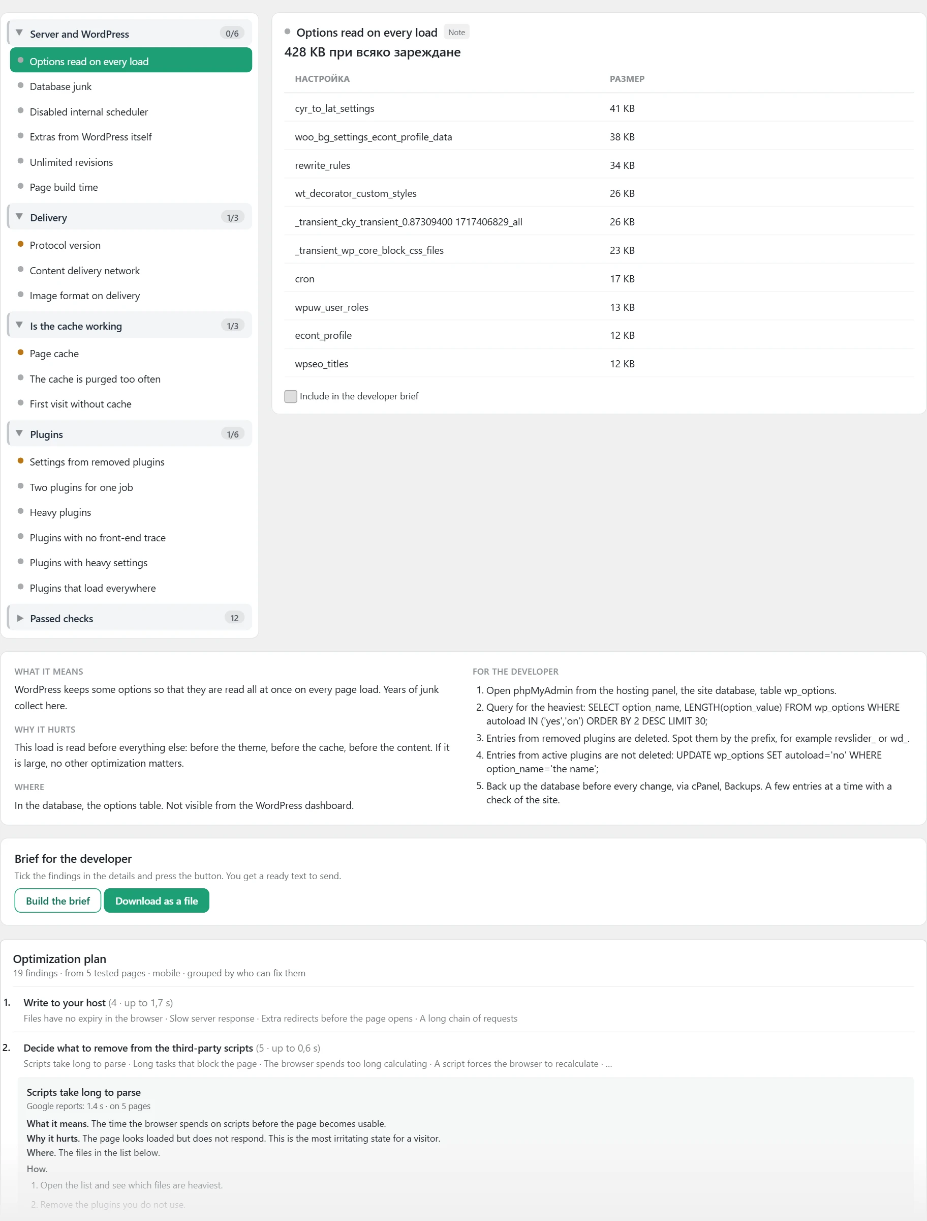 "Speed" screen in Inside SEO: issues by group