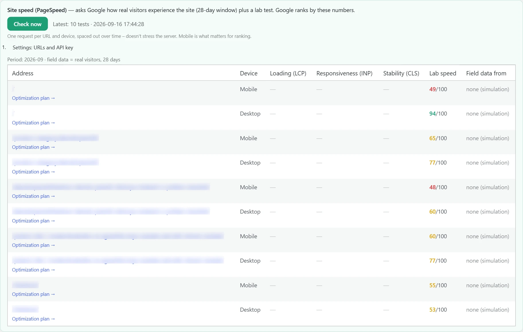 "Speed" screen in Inside SEO: PageSpeed test