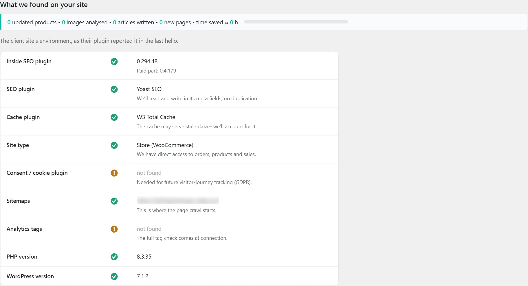 "System info" screen in Inside SEO: site environment